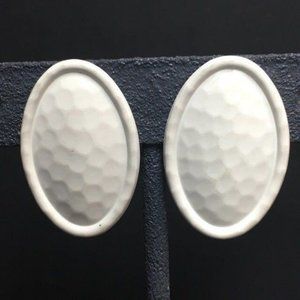 Oval Pierced Earrings White Enamel Hammered Retro BoHo